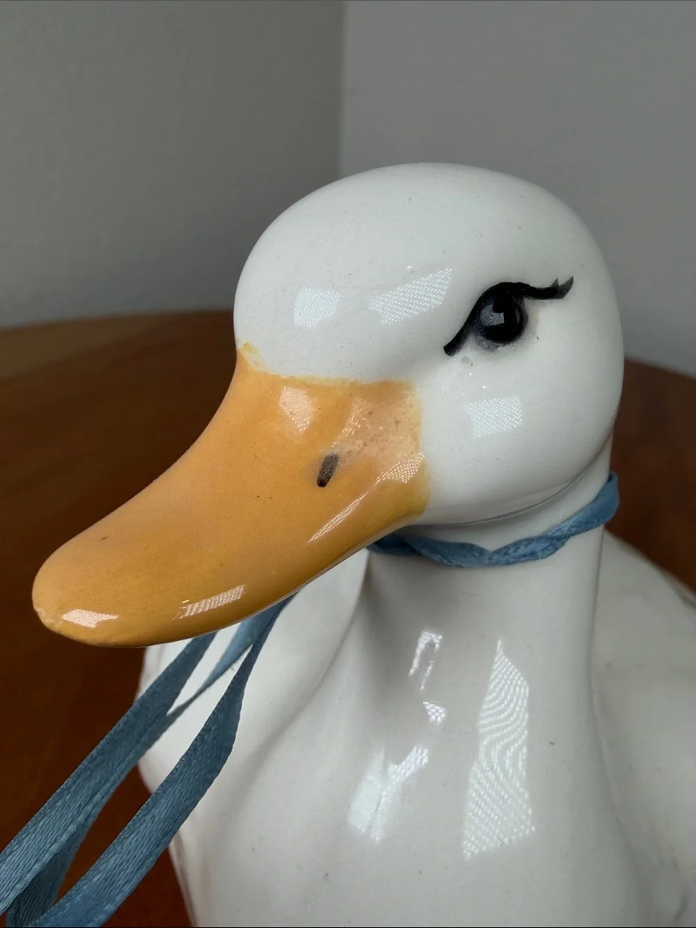 Vintage Hand Crafted Hand Made Ceramic Duck White Yellow Blue Bow Farmhouse